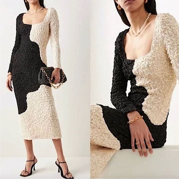 Mara Hoffman Amy Midi Dress Women’s Size 3X Black White Bodycon Textured Chic - Picture 2 of 8